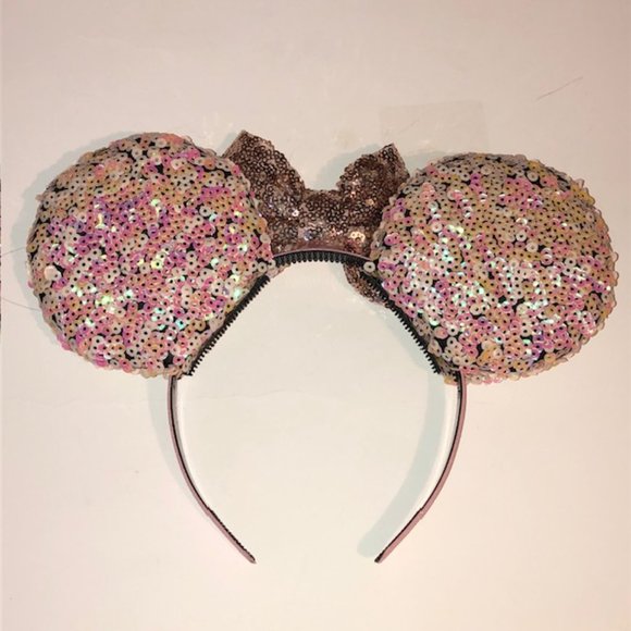 OS Disney Vintage Rose Gold Pink Sequins Minnie Mouse Ears Headband - Picture 5 of 10